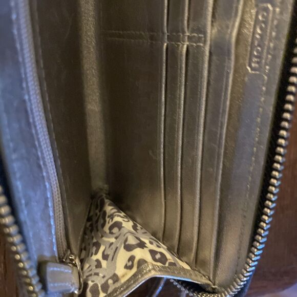 Coach Poppy Wallet Womens Black Silver Zip Around Clutch Purse Leopard Lining - Picture 11 of 12
